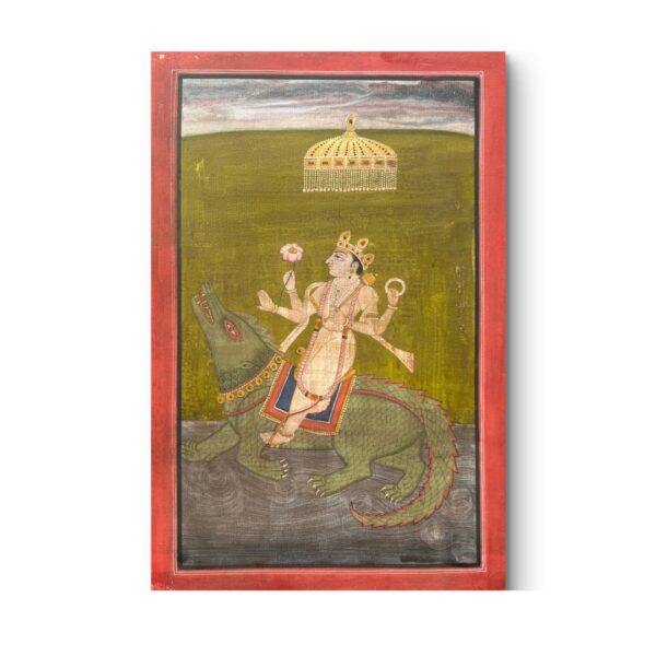 Handmade Indian Miniature Painting of Lord Varuna on Makara – Natural Stone Colors on Wasli Paper