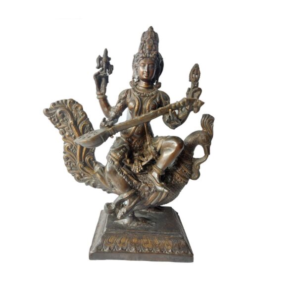 Large Vintage Brass Saraswati Statue – 34.5kg | 78cm x 60cm
