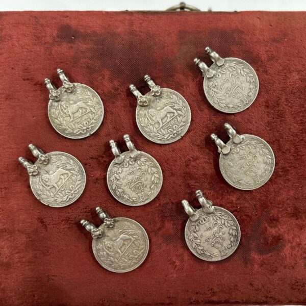 Antique Set of 8 Silver Iran Coins Transformed into Exquisite Pendants (20g Each)
