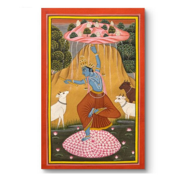 Vintage Indian Miniature Painting – Krishna Lifting Govardhan, Natural Stone Pigments on Wasli Paper (10" x 7")