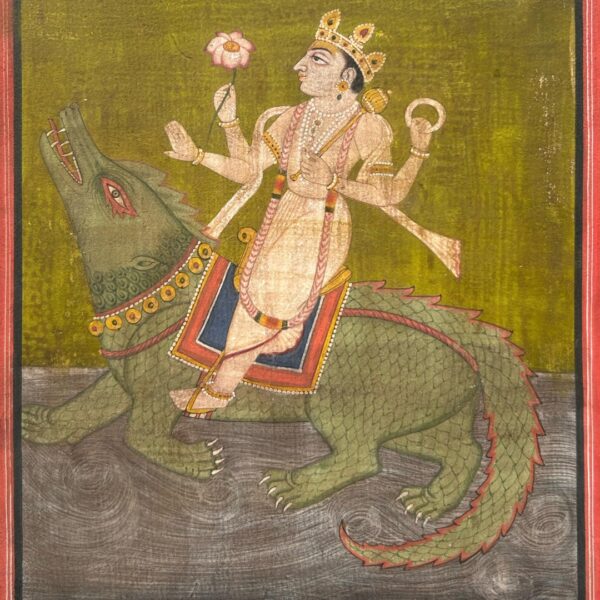 Handmade Indian Miniature Painting of Lord Varuna on Makara – Natural Stone Colors on Wasli Paper - Image 5