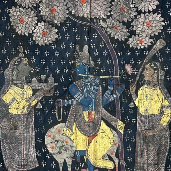 19th Century Pichwai Painting on Cloth – Krishna Seated on a Cow with Gold & Silver Leaf Work - Image 4