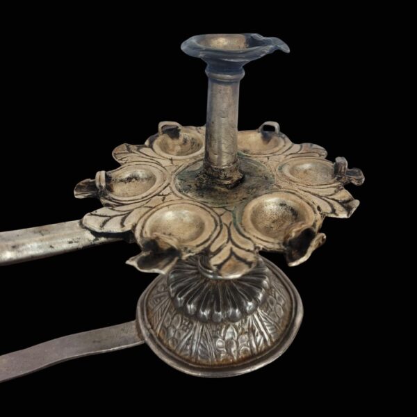 Antique Silver Aarti Lamp with Long Handle – 6 Wick Design - Image 2
