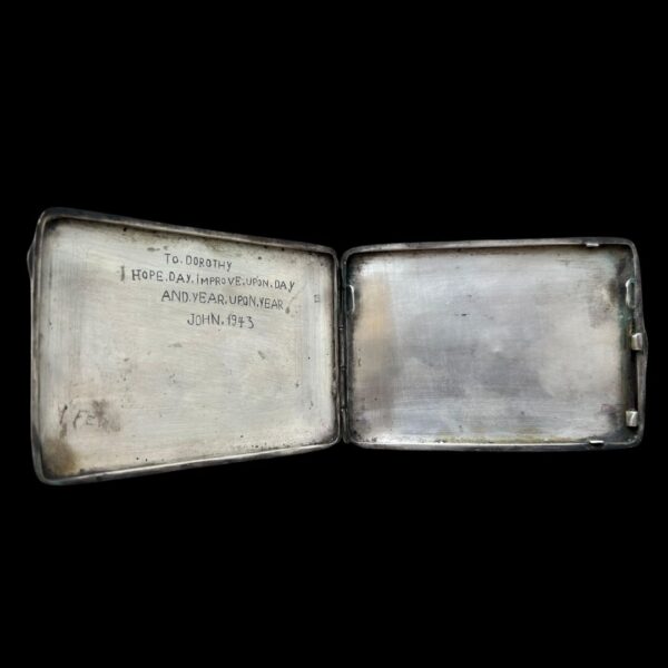 Antique 1943 Silver Cigarette Case with Black Enamel Engraving - Image 2