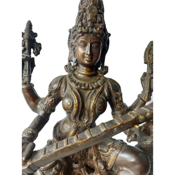 Large Vintage Brass Saraswati Statue – 34.5kg | 78cm x 60cm - Image 2