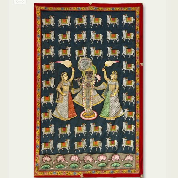 Vintage Pichwai Painting of Lord Krishna – Handcrafted with Gold & Silver Highlights (6x4 ft) - Image 2