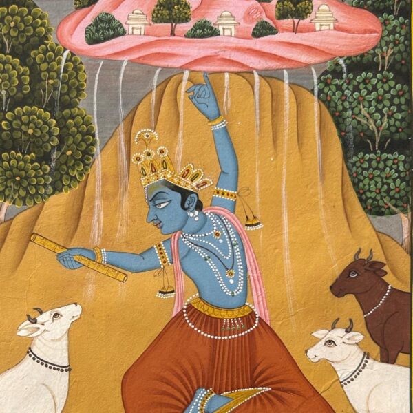 Vintage Indian Miniature Painting – Krishna Lifting Govardhan, Natural Stone Pigments on Wasli Paper (10" x 7") - Image 2