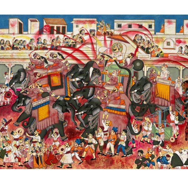Vintage Holi Festival Painting – Mewar, Rajasthan (28x22 Inches) - Image 4