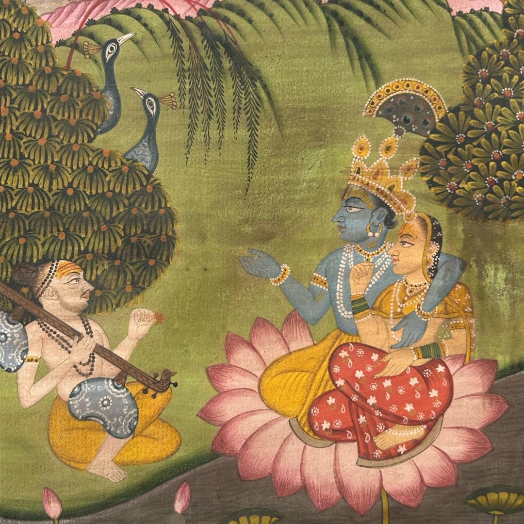 Beautiful Vintage Miniature Handmade Painting on Wasli | Radha Krishna listening to a Narad Ji - Image 2