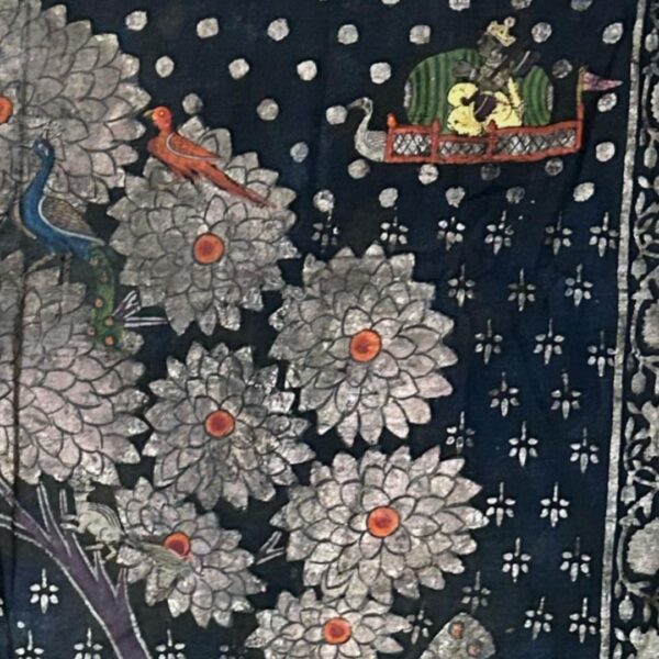 19th Century Pichwai Painting on Cloth – Krishna Seated on a Cow with Gold & Silver Leaf Work - Image 3