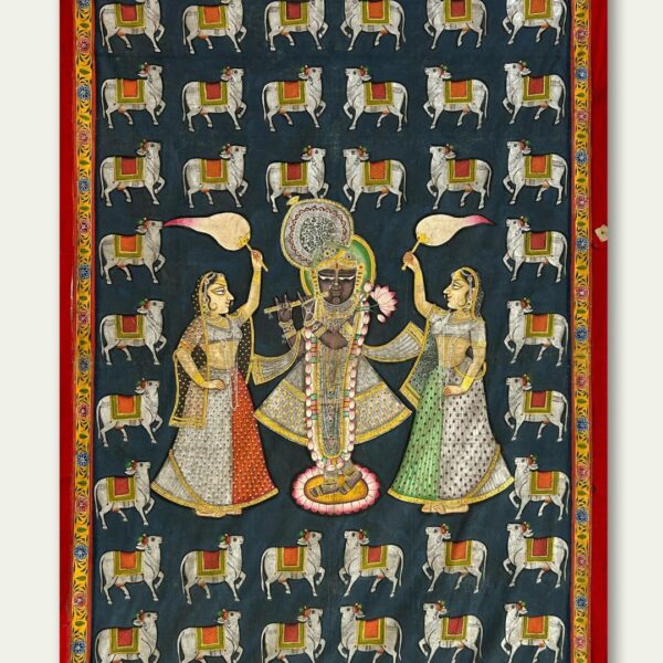 Vintage Pichwai Painting of Lord Krishna – Handcrafted with Gold & Silver Highlights (6x4 ft) - Image 4