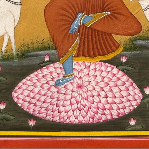 Vintage Indian Miniature Painting – Krishna Lifting Govardhan, Natural Stone Pigments on Wasli Paper (10" x 7") - Image 5
