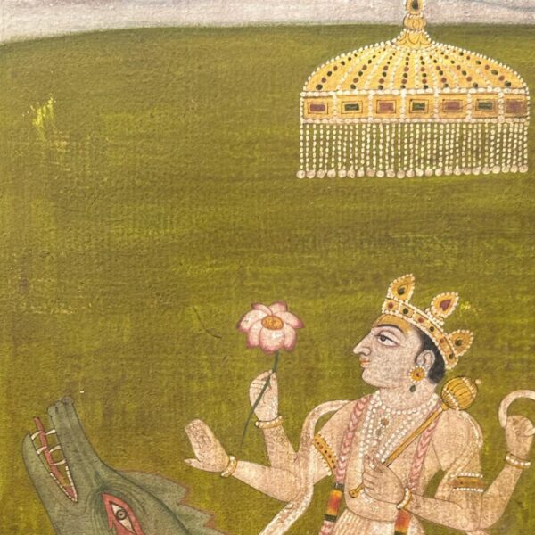 Handmade Indian Miniature Painting of Lord Varuna on Makara – Natural Stone Colors on Wasli Paper - Image 3
