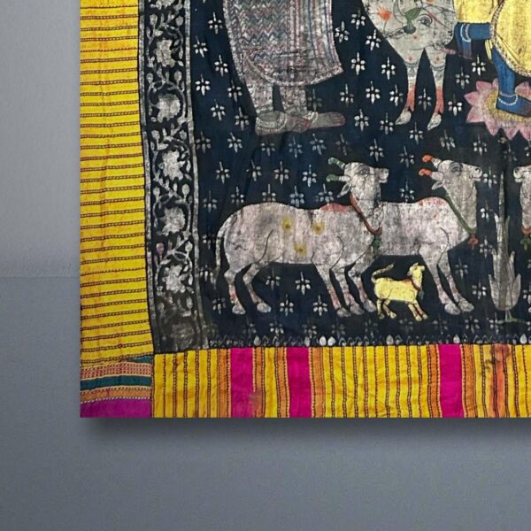 19th Century Pichwai Painting on Cloth – Krishna Seated on a Cow with Gold & Silver Leaf Work - Image 2
