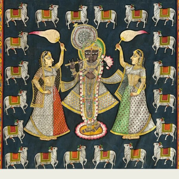 Vintage Pichwai Painting of Lord Krishna – Handcrafted with Gold & Silver Highlights (6x4 ft) - Image 3