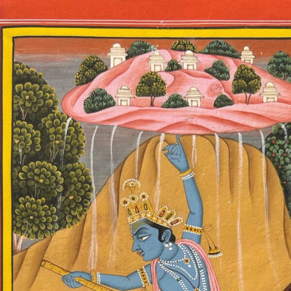 Vintage Indian Miniature Painting – Krishna Lifting Govardhan, Natural Stone Pigments on Wasli Paper (10" x 7") - Image 4