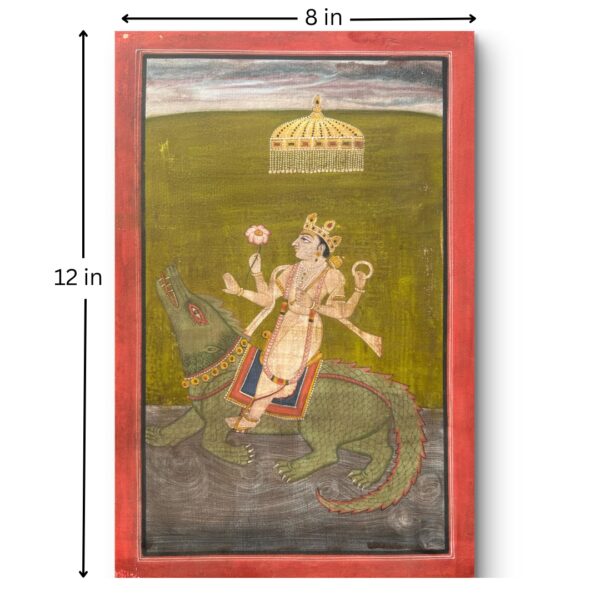 Handmade Indian Miniature Painting of Lord Varuna on Makara – Natural Stone Colors on Wasli Paper - Image 2