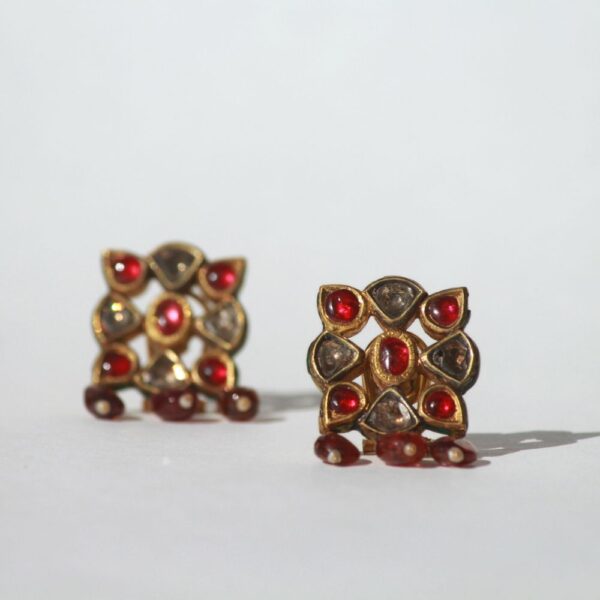 Elegant Square-Shaped Earrings with Uncut Diamonds, Rubies & Dangling Spinel Beads