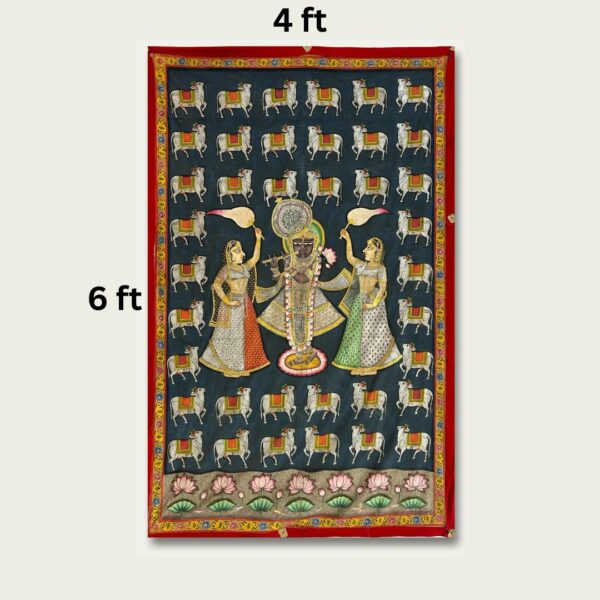 Vintage Pichwai Painting of Lord Krishna – Handcrafted with Gold & Silver Highlights (6x4 ft) - Image 5