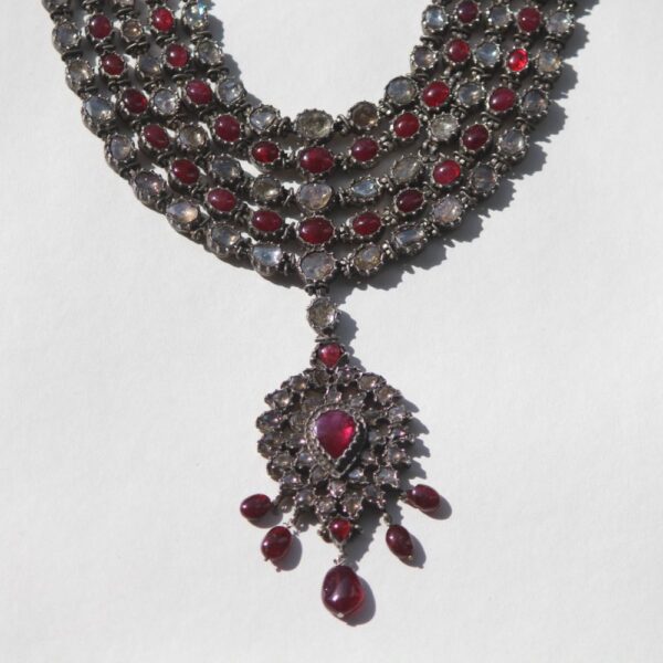 Multi-Layered Necklace with Red Rubies & Uncut Diamonds, Silver Front & Gold Back