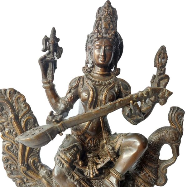 Large Vintage Brass Saraswati Statue – 34.5kg | 78cm x 60cm - Image 3