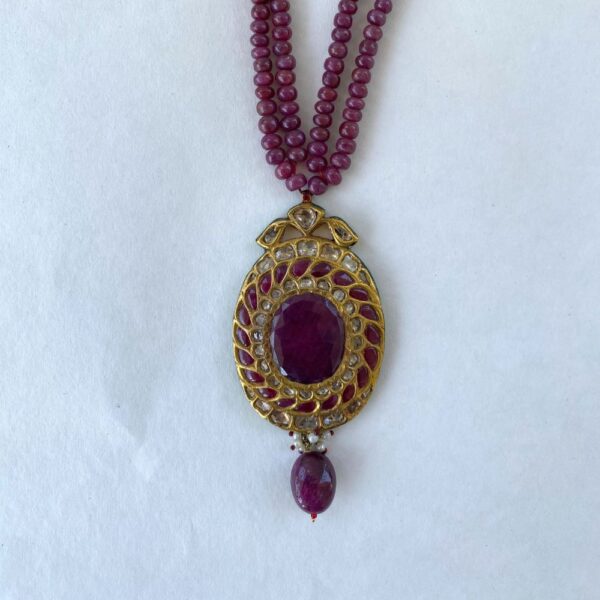 Old Pendant with Big African Ruby, Uncut Polki & Enamel, Stringed in Ruby Mala