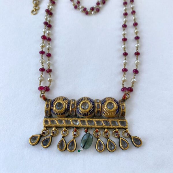 Vintage Gold Timiniya Necklace with Basra Pearls & Burma Ruby Beads – Elegant Design