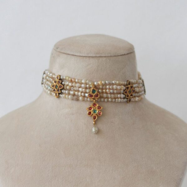 Traditional Basra Pearl & Gold Choker with Floral Motifs, Gemstones & Tassel Closure