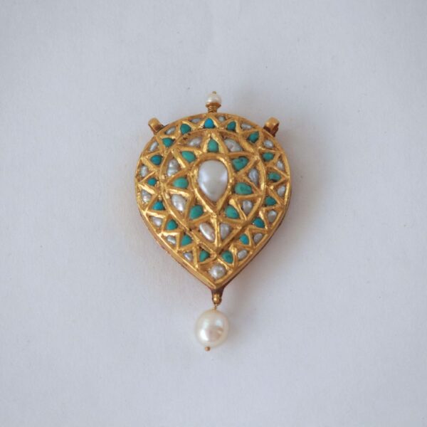 Gold Teardrop Pendant with Pearls & Turquoise Stones – Elegant Traditional Jewelry