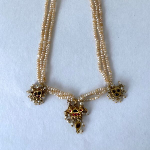 Three-Strand Basra Pearl Necklace with Gold Pendants & Pearl Accents – Timeless & Elegant