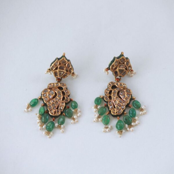 Polki Emerald Earrings with Gold-Toned Metalwork, Uncut Diamonds & Emerald Drops