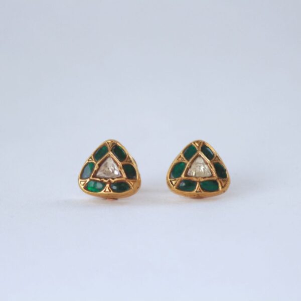 Triangle-Shaped Stud Earrings with Kundan & Green Stones – Perfect for Everyday Wear