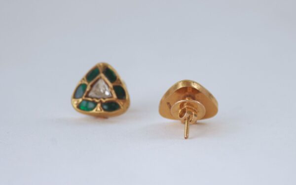 Triangle-Shaped Stud Earrings with Kundan & Green Stones – Perfect for Everyday Wear - Image 2