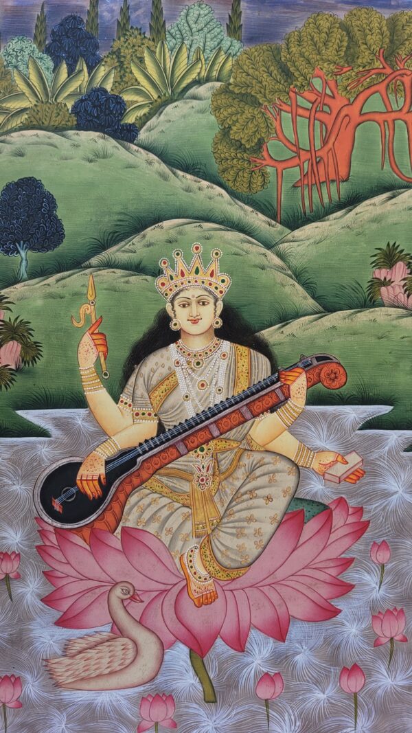 Vintage Hand-Painted Saraswati Artwork | Natural Stone Pigment | 19 x 15.5 in - Image 3
