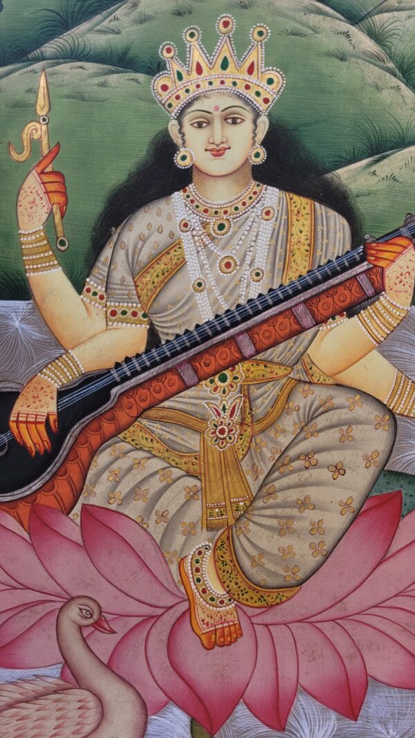 Vintage Hand-Painted Saraswati Artwork | Natural Stone Pigment | 19 x 15.5 in - Image 4