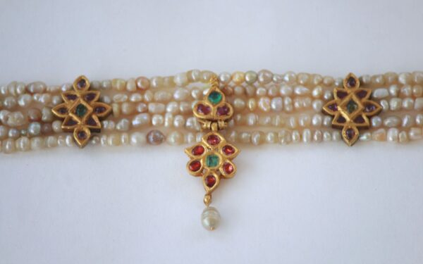 Traditional Basra Pearl & Gold Choker with Floral Motifs, Gemstones & Tassel Closure - Image 3