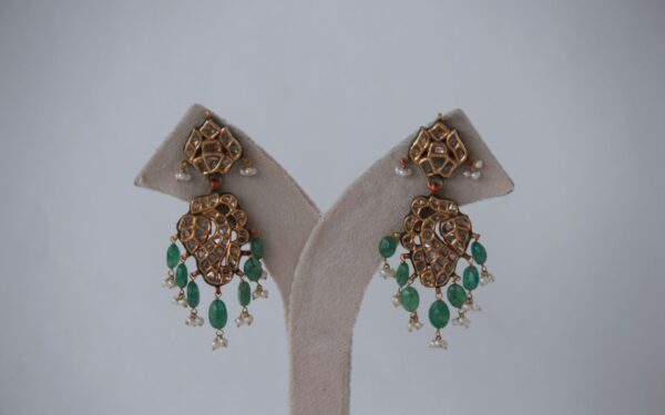 Polki Emerald Earrings with Gold-Toned Metalwork, Uncut Diamonds & Emerald Drops - Image 2