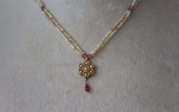 Double-Strand Basra Pearl Necklace with Gold Flower Pendant & Burma Ruby Drop – Elegant & Timeless - Image 3