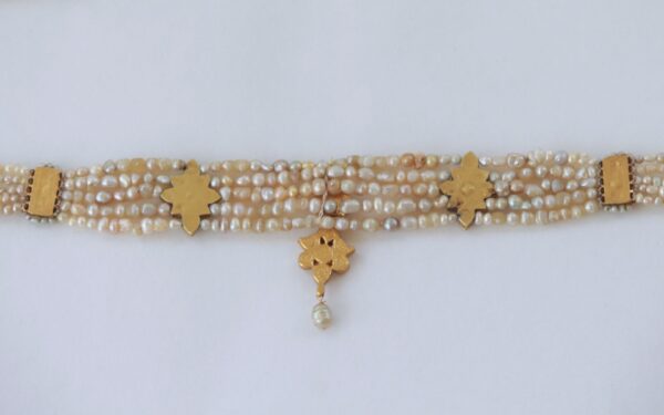 Traditional Basra Pearl & Gold Choker with Floral Motifs, Gemstones & Tassel Closure - Image 5