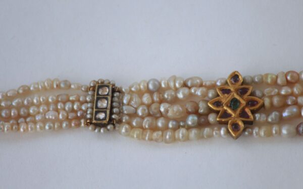Traditional Basra Pearl & Gold Choker with Floral Motifs, Gemstones & Tassel Closure - Image 4