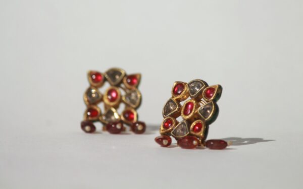 Elegant Square-Shaped Earrings with Uncut Diamonds, Rubies & Dangling Spinel Beads - Image 2
