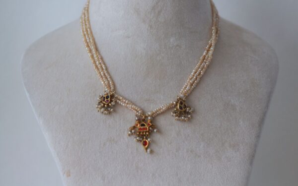 Three-Strand Basra Pearl Necklace with Gold Pendants & Pearl Accents – Timeless & Elegant - Image 4