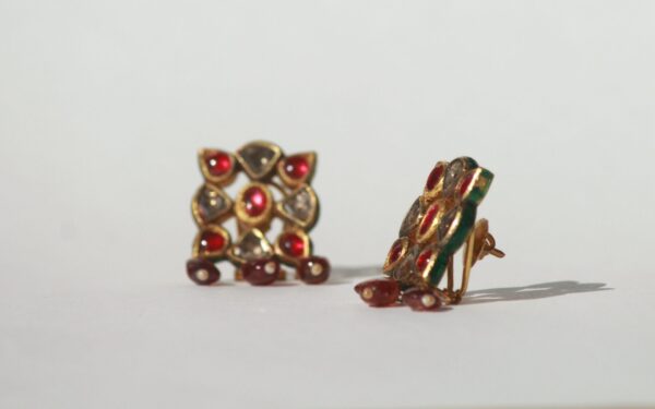 Elegant Square-Shaped Earrings with Uncut Diamonds, Rubies & Dangling Spinel Beads - Image 3