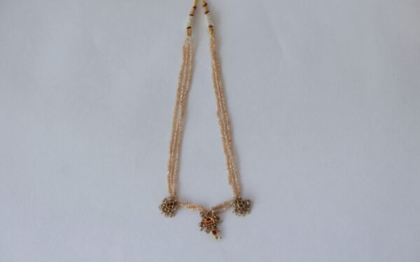 Three-Strand Basra Pearl Necklace with Gold Pendants & Pearl Accents – Timeless & Elegant - Image 3