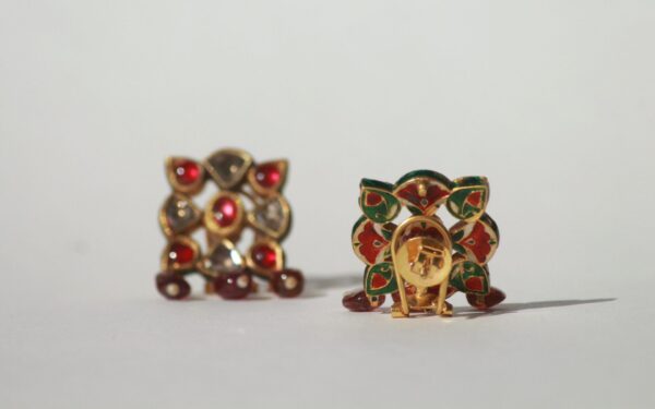 Elegant Square-Shaped Earrings with Uncut Diamonds, Rubies & Dangling Spinel Beads - Image 4