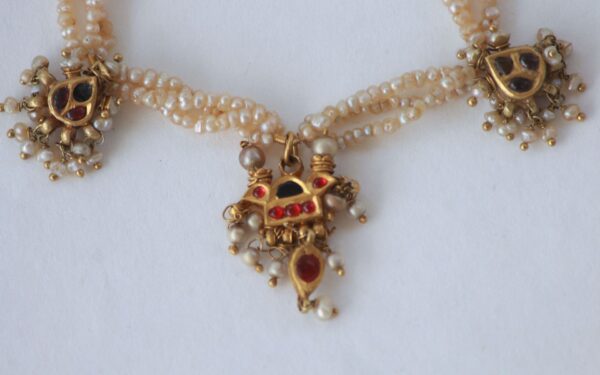 Three-Strand Basra Pearl Necklace with Gold Pendants & Pearl Accents – Timeless & Elegant - Image 2