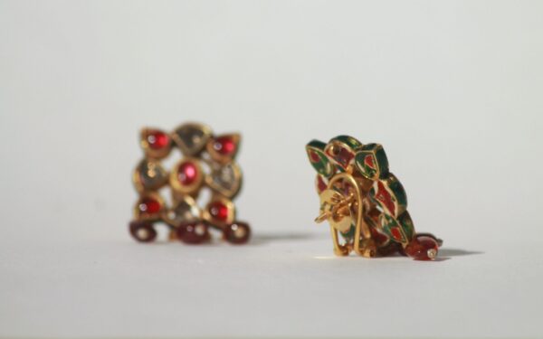 Elegant Square-Shaped Earrings with Uncut Diamonds, Rubies & Dangling Spinel Beads - Image 5
