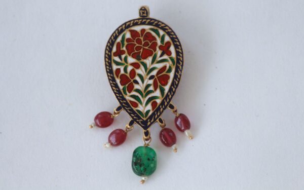 Teardrop Pendant with Red Enamel, Gold Detailing, Uncut Diamonds & Ruby-Emerald Beads - Image 2