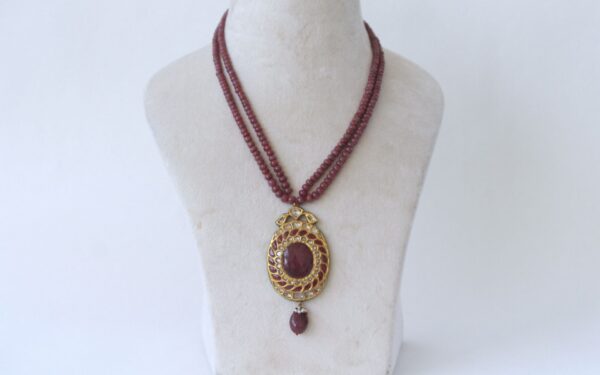 Old Pendant with Big African Ruby, Uncut Polki & Enamel, Stringed in Ruby Mala - Image 2