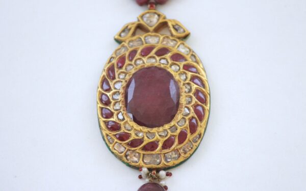 Old Pendant with Big African Ruby, Uncut Polki & Enamel, Stringed in Ruby Mala - Image 3